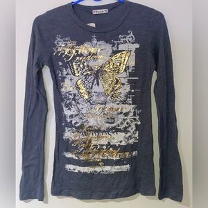 New Vintage tee metallic gold butterfly graphic tee top shirt Y2K tee dark gray